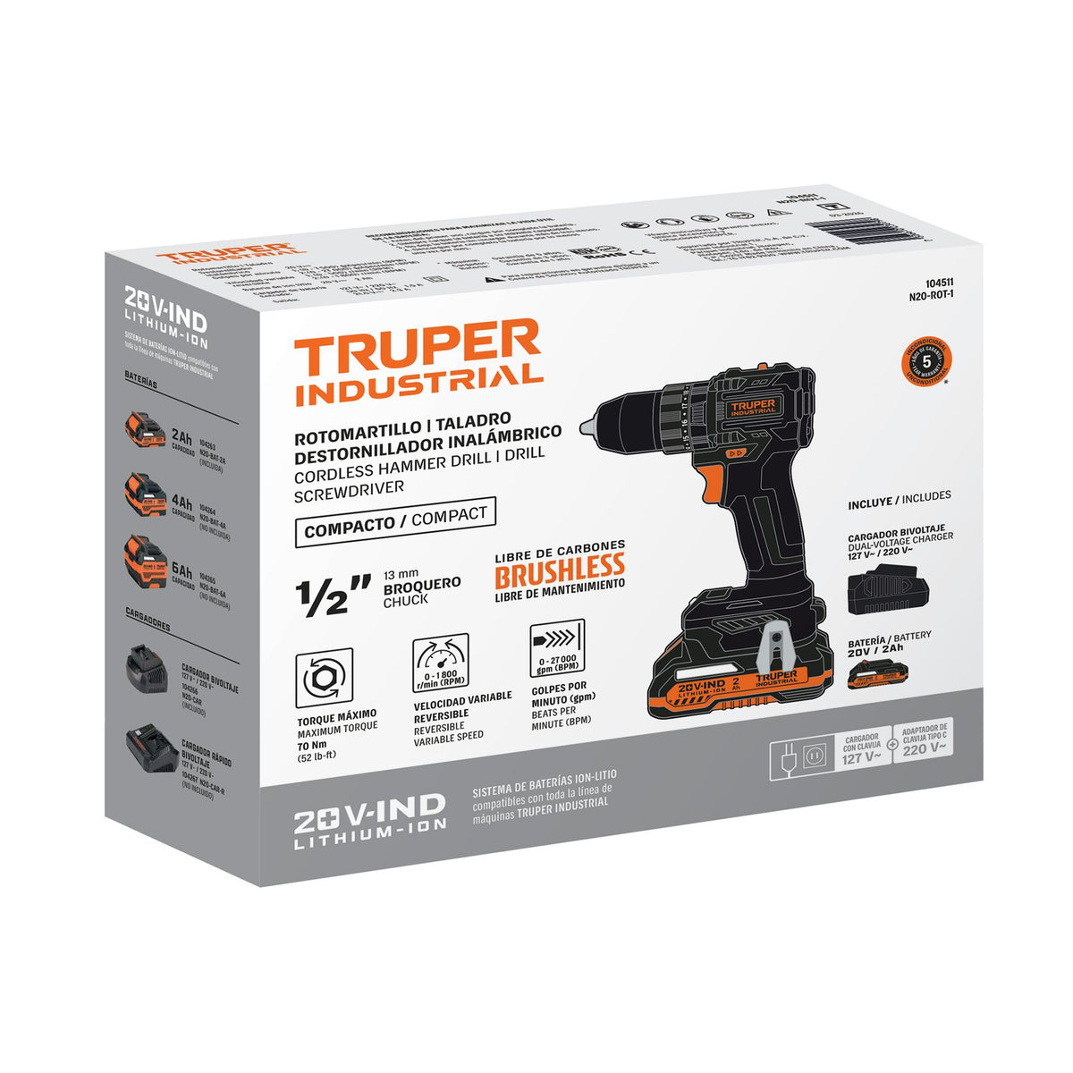 Rotomartillo Atornillador Inalámbrico Truper 20V Brushless 70 Nm 1/2" con Batería 2 Ah