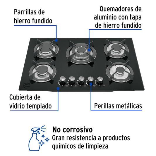 Parrilla Gas Empotrable 75cm RIVIERA - 5 Quemadores Vidrio Negro con Encendido Electrónico y Doble Flama Premium