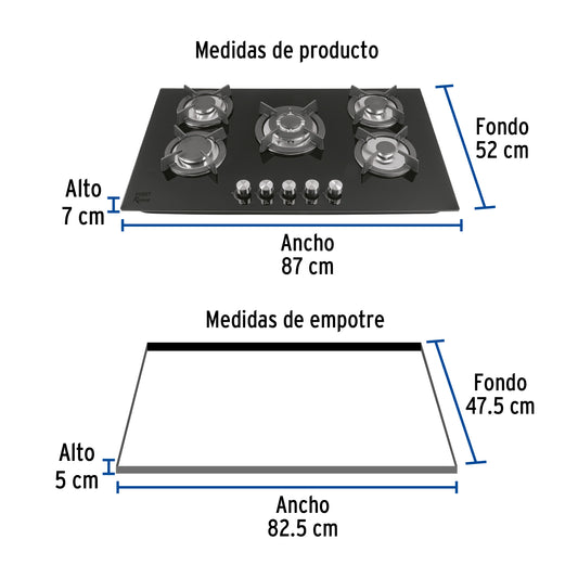 Parrilla Gas Empotrable 90cm RIVIERA - 5 Quemadores Vidrio Negro con Encendido Electrónico y Doble Flama Profesional