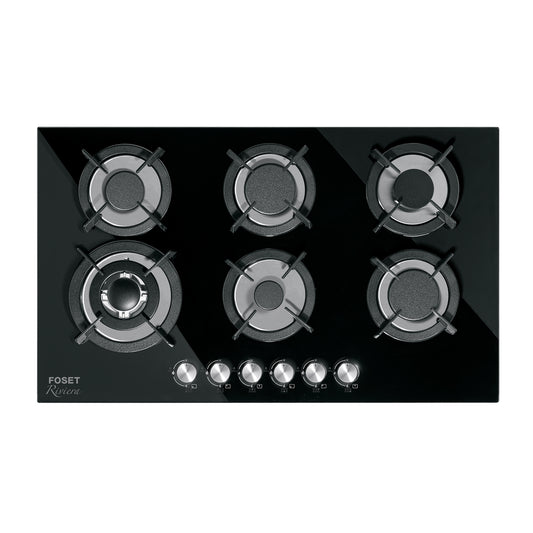 Parrilla Gas Empotrable 90cm RIVIERA - 6 Quemadores Vidrio Negro con Encendido Electrónico y Doble Flama Profesional