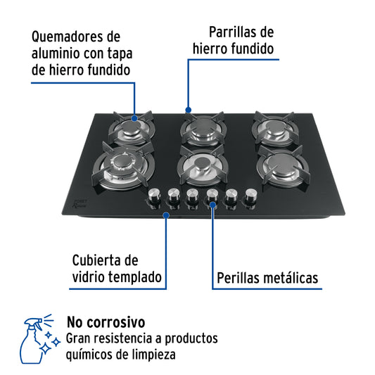 Parrilla Gas Empotrable 90cm RIVIERA - 6 Quemadores Vidrio Negro con Encendido Electrónico y Doble Flama Profesional