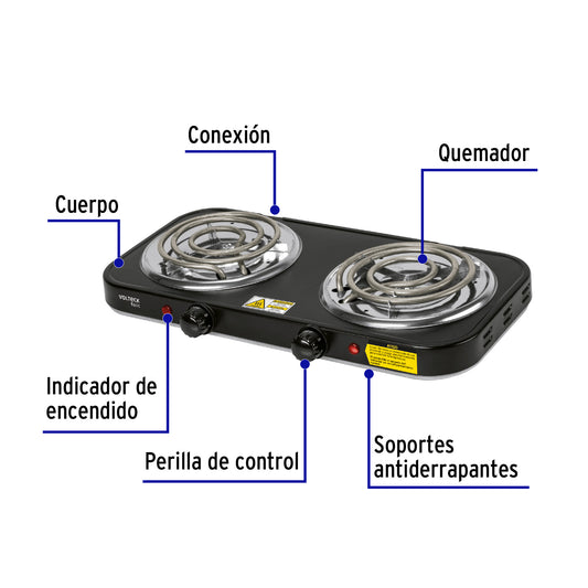 Parrilla Eléctrica 2 Quemadores Espiral BASIC PAEL-2CPN - Acero Inoxidable con Termostato Regulable - Solución Compacta para Cocinar sin Gas en Casa y Oficina