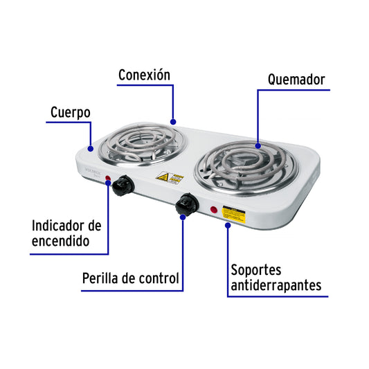 Parrilla Eléctrica 2 Quemadores Espiral BASIC PAEL-2CP - Solución Compacta para Cocinar sin Gas - Acero Inoxidable Blanca