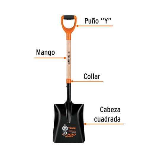 Pala Cuadrada #4 Truper T-2000 Tipo Español con Puño Y Comfort Grip - Cabeza 35% Más Grande para Excavación Profesional y Jardinería - Mango Reforzado de Madera - Modelo PCS-4P