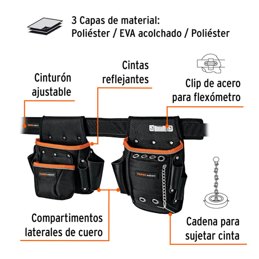 Porta Herramientas Profesional Expert POHE-16NX - 16 Compartimentos Poliéster 1600D - Organiza y Protege Herramientas con Cintas Reflejantes