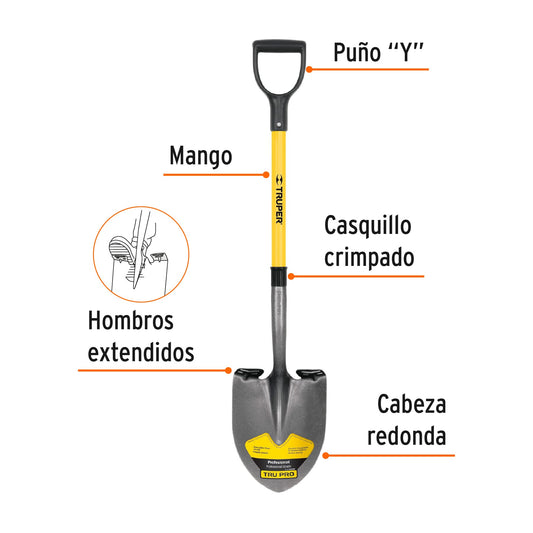 Pala Redonda Tru Pro Fibra de Vidrio - Herramienta Profesional para Excavación Fácil y Cómoda - Mango Resistente Puño Y