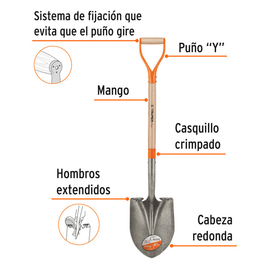 Pala Redonda Classic Truper PRY - Acero Carbono Puño Y Metálico - Solución Profesional para Excavación y Jardinería