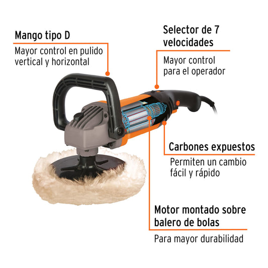 Pulidora Rotativa TRUPER 7 Pulgadas 1200W - Profesional para Pulido de Autos, Metales y Fibra de Vidrio - Velocidad Variable 7 Niveles - PULA-7A3