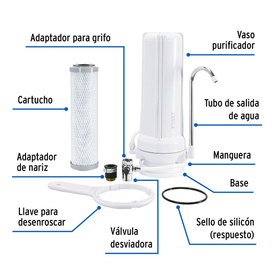 Purificador de Agua Sobre Tarja FOSET PURA-P2 - Elimina 99.9% Bacterias y Cloro - Carbón Activado con Plata Coloidal - Fácil Instalación