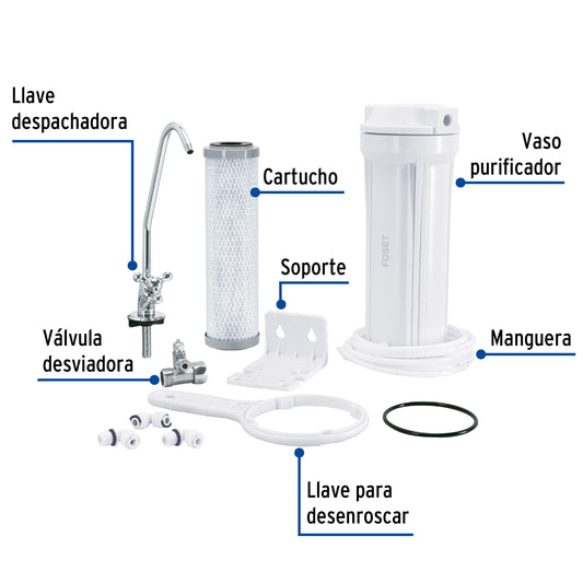 Purificador de Agua Bajo Tarja FOSET PURA-P3 - Elimina 99.9% Bacterias y Cloro - Carbón Activado con Plata Coloidal