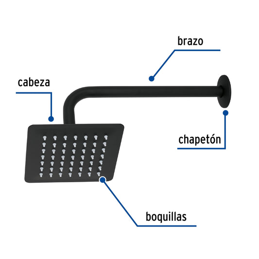 Regadera Cuadrada 6 Pulgadas Acero Inoxidable con Brazo Negro TÚBIG - Regadera de Ducha