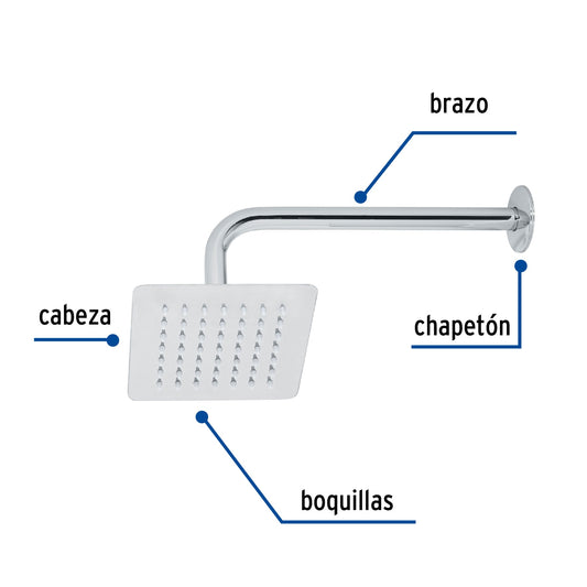 Regadera Cuadrada 6 Pulgadas Acero Inoxidable con Brazo Cromo TÚBIG FOSET