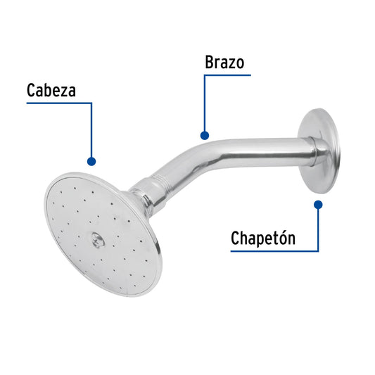 Regadera redonda 3-1/2", metálica, brazo y chapetón, cromo