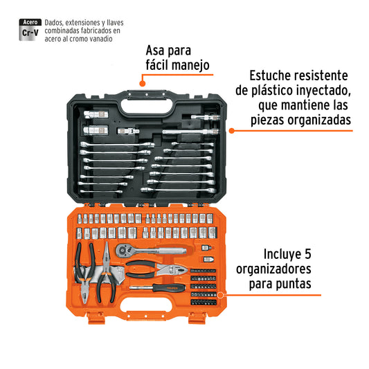 Juego de Herramientas Mecánico 119 Piezas 1/4 y 3/8 Pulgadas - SET-124 Dados Cromo Vanadio con Estuche Organizador para Reparación Automotriz y Mantenimiento Industrial