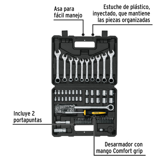 Juego de Herramientas Mecánico Pretul SET-73 - 70 Piezas 1/4 y 3/8 con Estuche Organizador para Reparación Automotriz Profesional