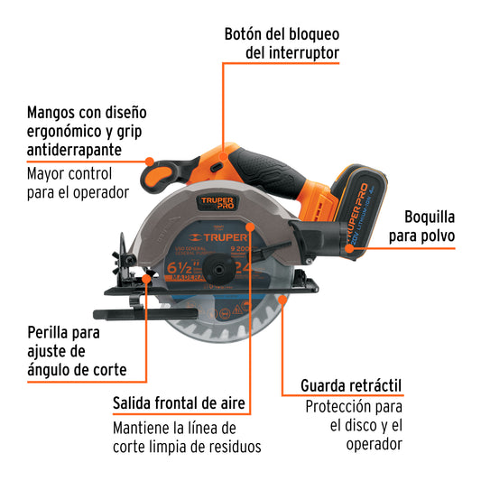 Sierra Circular 6-1/2 Pulgadas 20V Inalámbrica TRUPER PRO SICI-20A con Batería 4Ah - Corte Bisel 50° Profesional