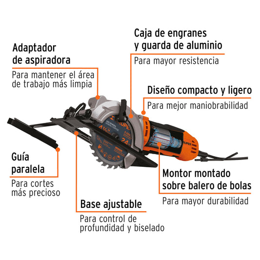 Sierra Circular Compacta TRUPER PRO 4-1/2" 750W - Corte Preciso Madera con Ajuste Bisel 45° - SICI-4-1/2A