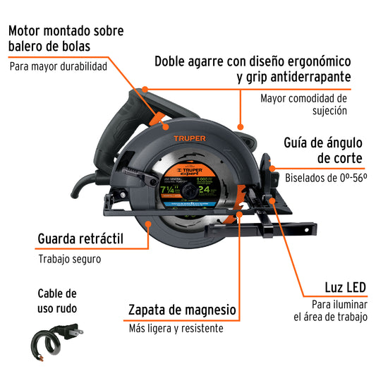 Sierra Circular Profesional TRUPER 7-1/4" 1800W SICI-7-1/4N4 - Motor Industrial con LED, Corte Bisel 56°, Zapata Magnesio - Solución Completa para Cortes Precisos en Madera