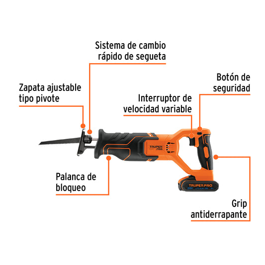 Sierra Sable 20V TRUPER PRO - Batería 2Ah - Cambio Rápido - Velocidad Variable SISI-20A