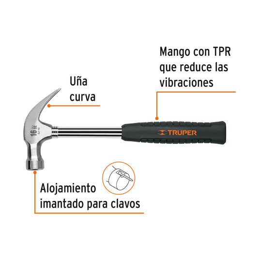 Martillo Profesional 16 oz SJ-16 Uña Curva Anti-Vibración - Ideal para Clavar y Extraer Clavos con Precisión