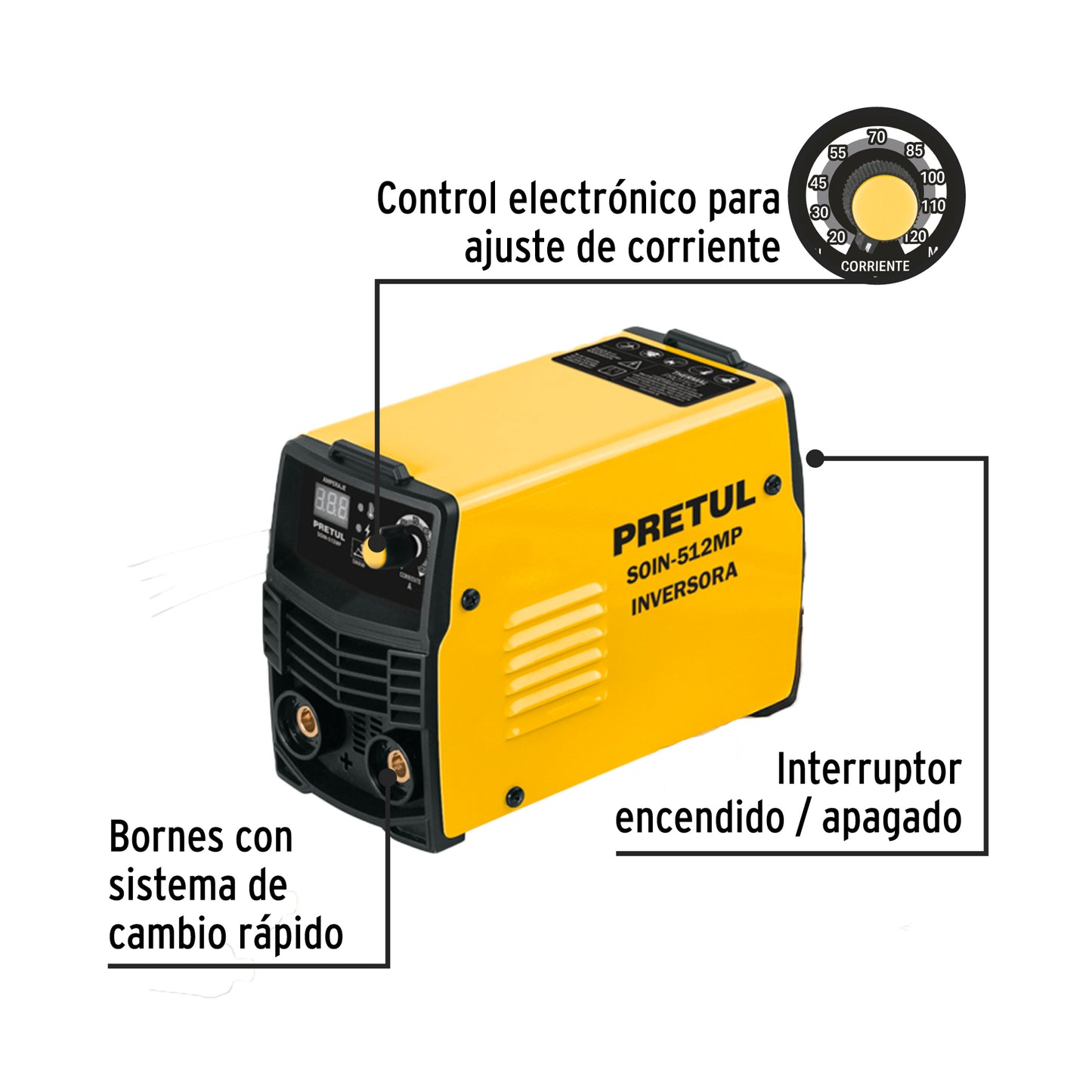 Mini Soldadora Inversora PRETUL 120A 127V Serie 500 - Compacta y Eficiente para Electrodo y TIG