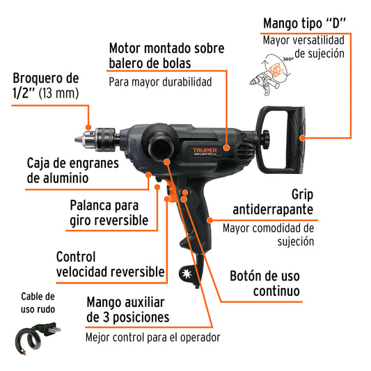Taladro Mezclador Industrial TRUPER 1/2" 1150W - Solución Profesional para Mezcla de Pinturas, Mortero y Perforación en Acero - TALE-1/2N