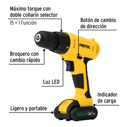 Kit Taladro Inalámbrico 3/8" 12V PRETUL TALI-12PK2 con 33 Accesorios y Estuche