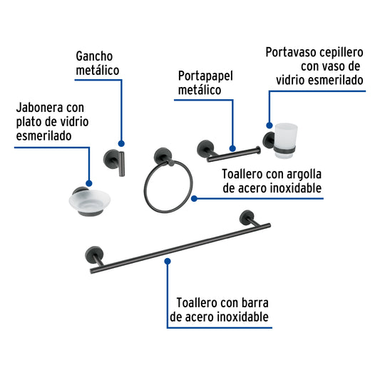Juego Completo 6 Accesorios Baño Negro FOSET TÚBIG TBA-7000M - Solución Profesional Organización Baño Acero Inoxidable Semiempotrar