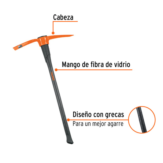 Talacho-Pico Truper 5 lb Mango Fibra Vidrio 36" - Herramienta Profesional para Excavación Suelo Duro y Demolición Superficies Rocosas TP-5M