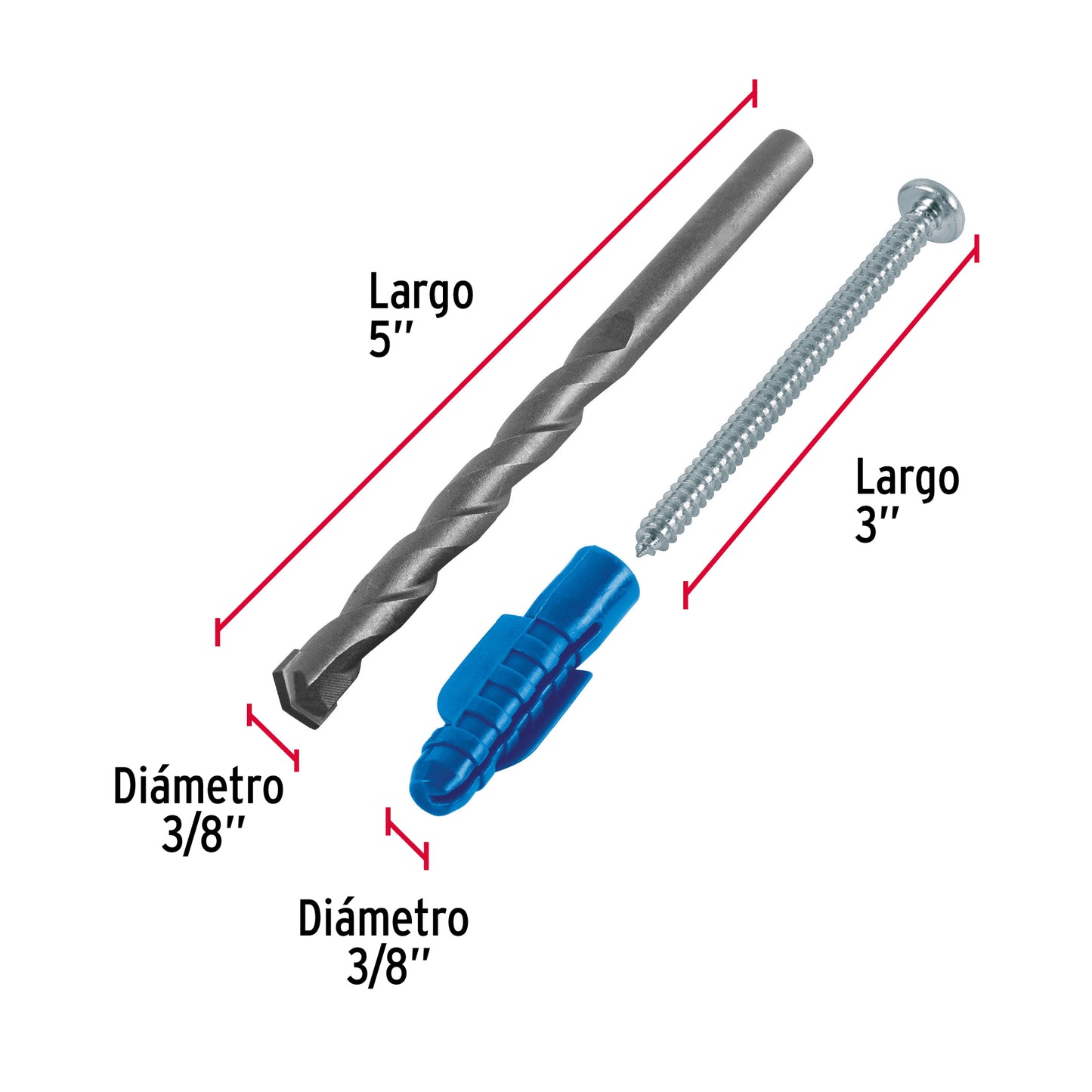 Kit de 20 taquetes 3/8" con pijas #12 y 1 broca 3/8", Fiero