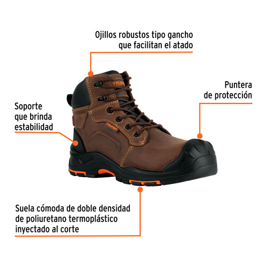 Bota de Seguridad Dieléctrica Truper ZC-429C #29 Café - Antifatiga con Puntera de Protección, Resistente a Aceites y Solventes - Calzado Industrial de Piel para Trabajadores