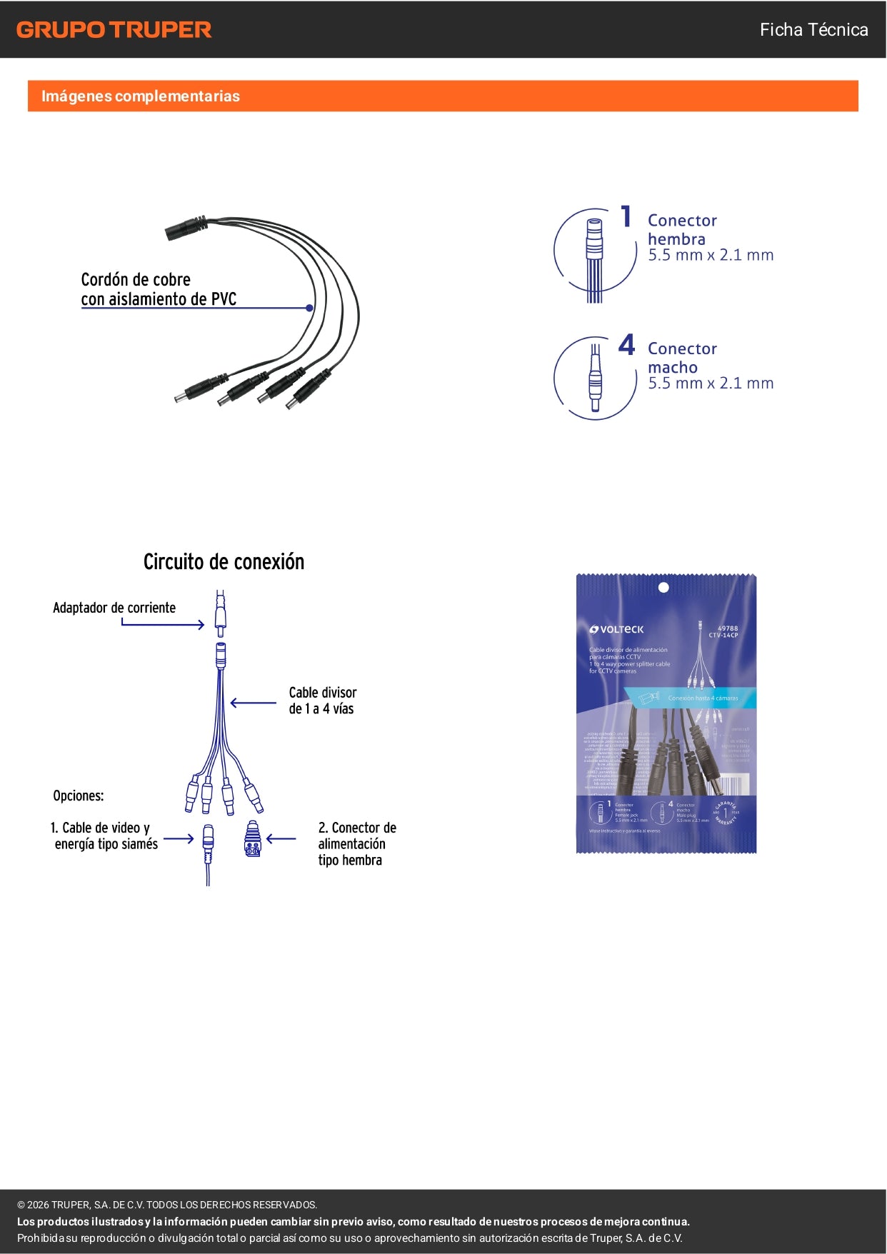 Cable Divisor de Energía tipo Pulpo 1 a 4 para CCTV, VOLTECK