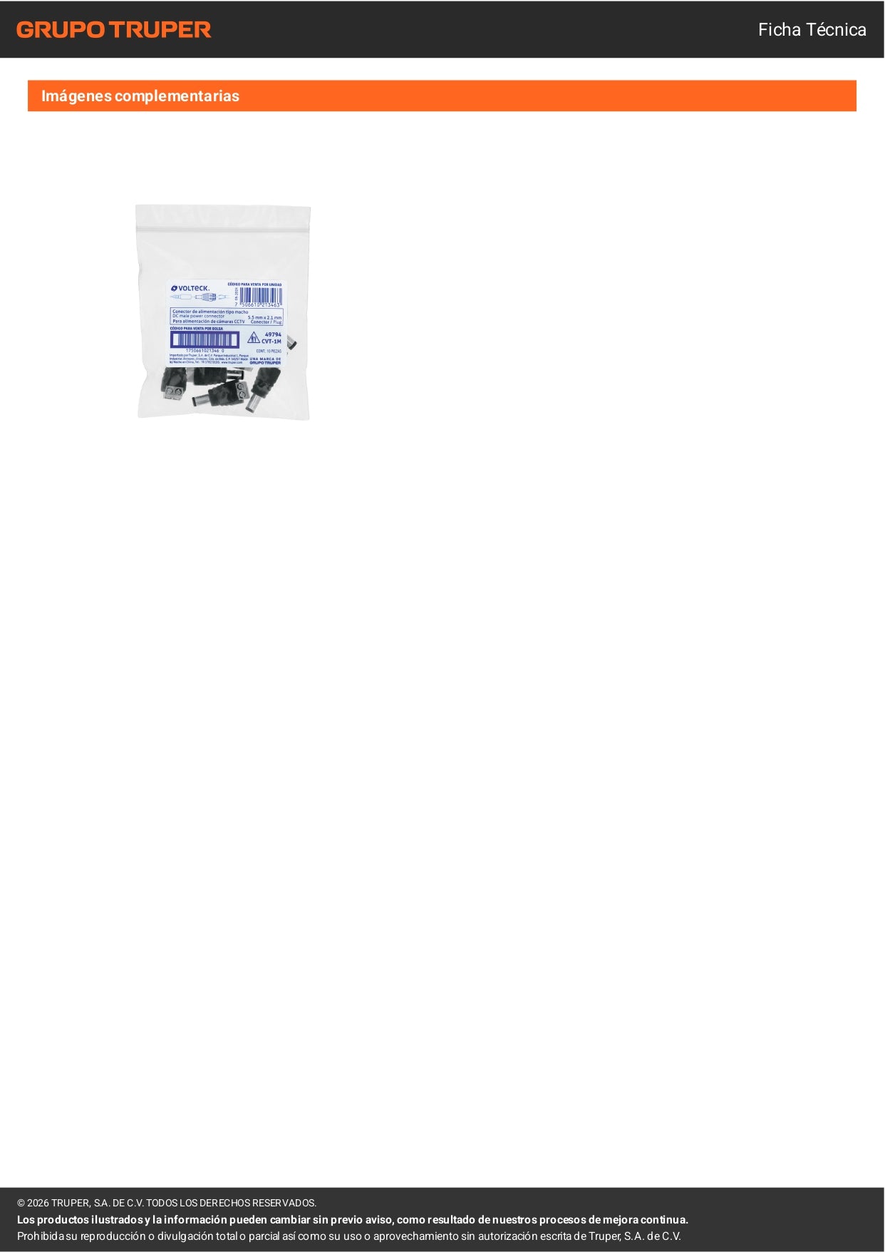 Conector de energía para CCTV tipo macho, VOLTECK
