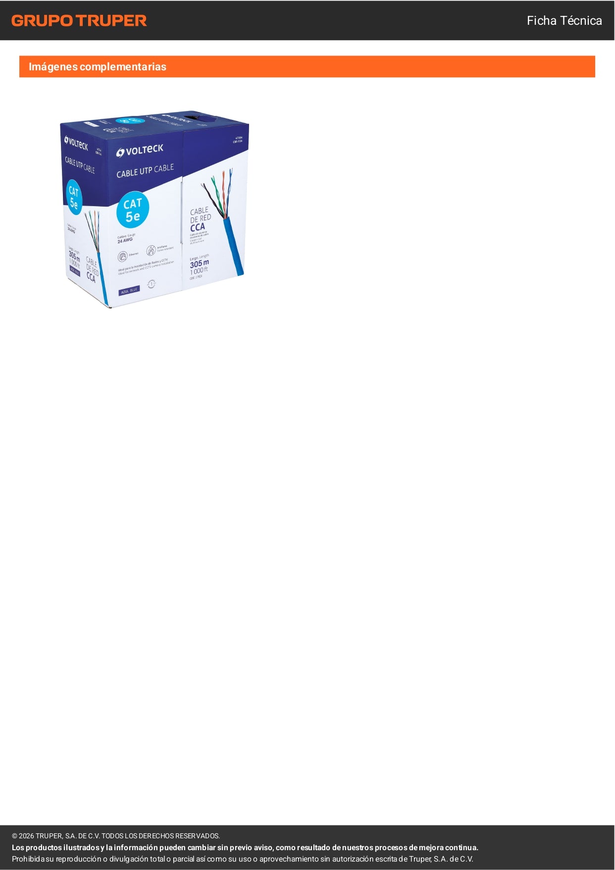 Compra cable UTP CAT5E por metro de bobina de 305m color azul marca VOLTECK. Ideal para redes de datos.