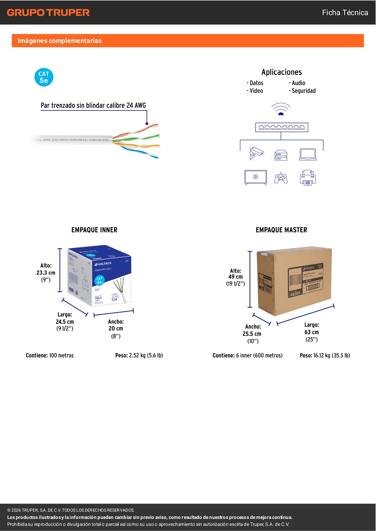 Metro de cable UTP CAT5E, Bobina de 100m, blanco, VOLTECK