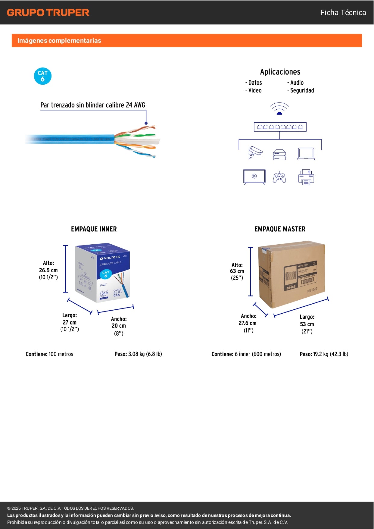 Metro de cable UTP CAT6, Bobina de 100m, azul, VOLTECK