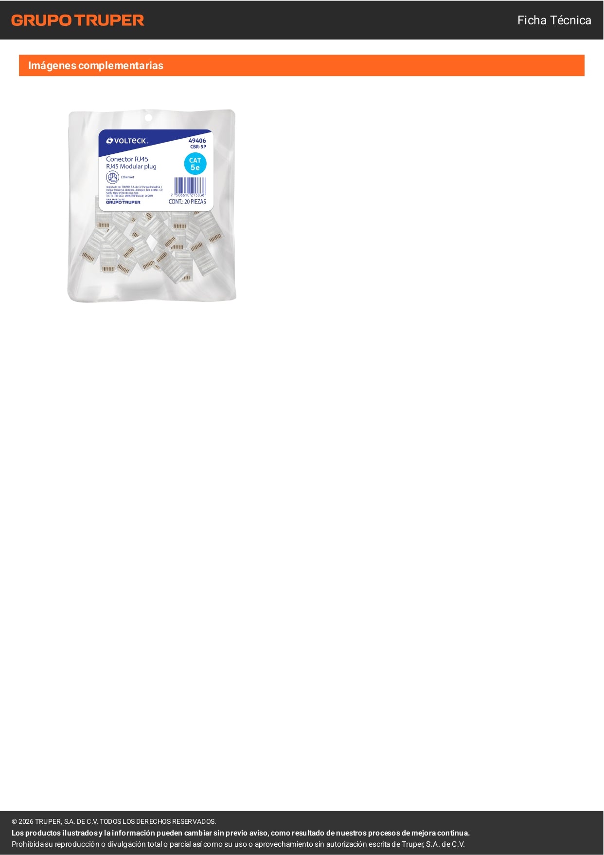 Plug RJ45 CAT5E, Bolsa con 20 piezas, VOLTECK