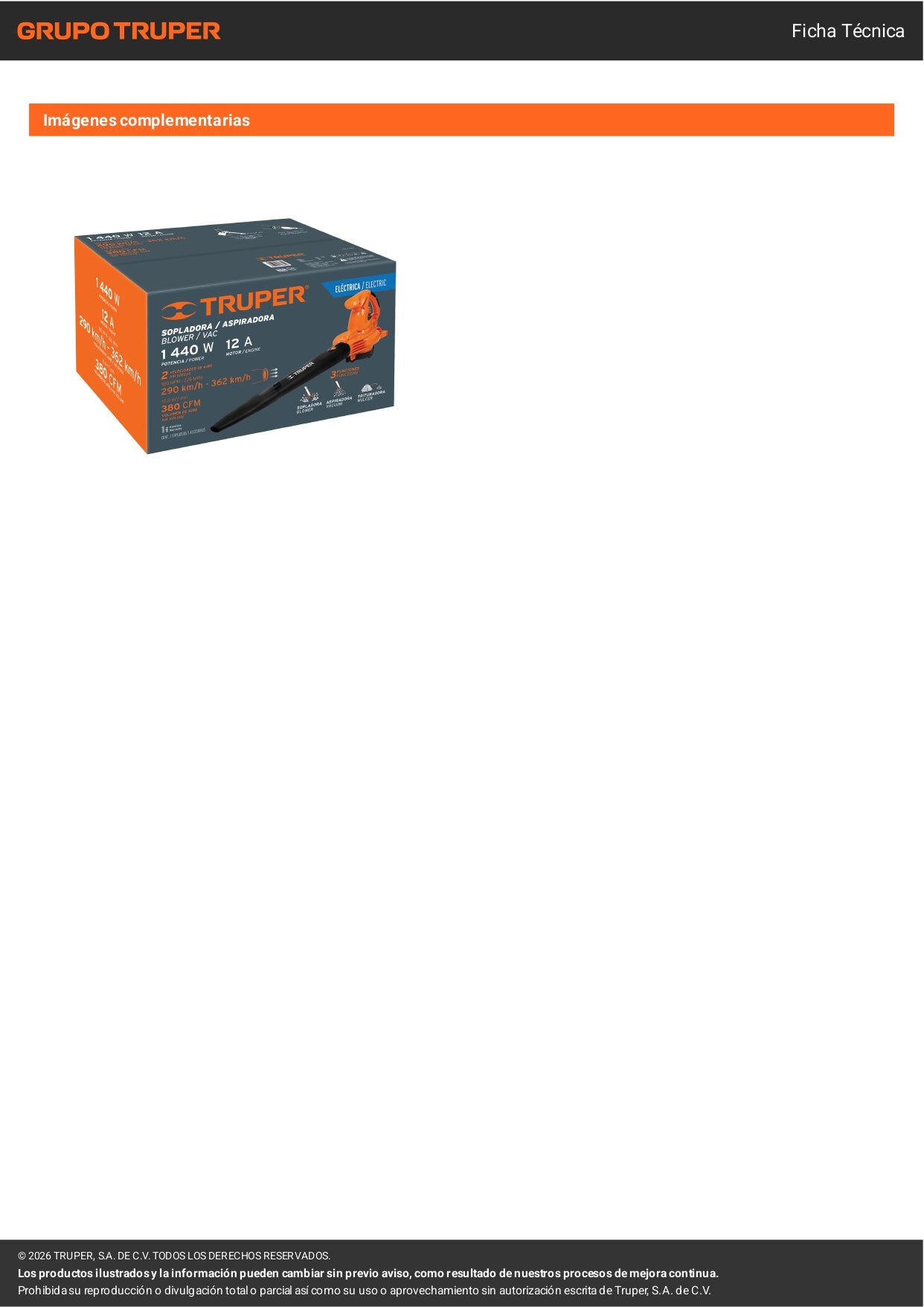 Sopladora y aspiradora TRUPER de 1,440 W con bolsa recolectora. Ideal para limpieza de jardines, talleres y espacios exteriores.