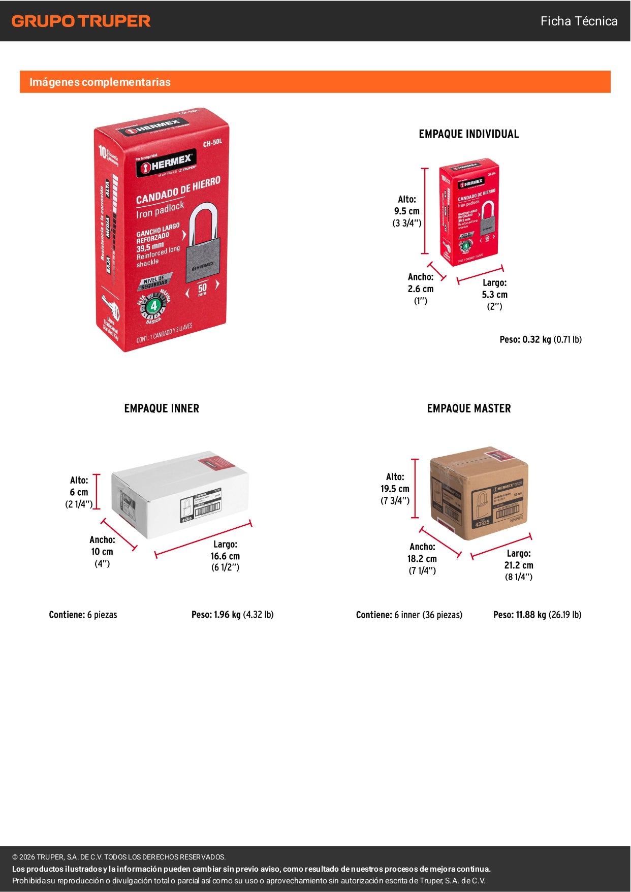 Candado de hierro 50 mm con gancho largo HERMEX. Seguridad resistente para puertas, bodegas y rejas