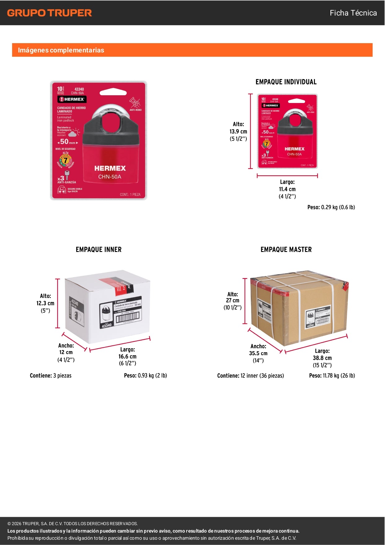 Candado HERMEX 50mm Gancho Protegido | Llave de Disco Alta Seguridad
