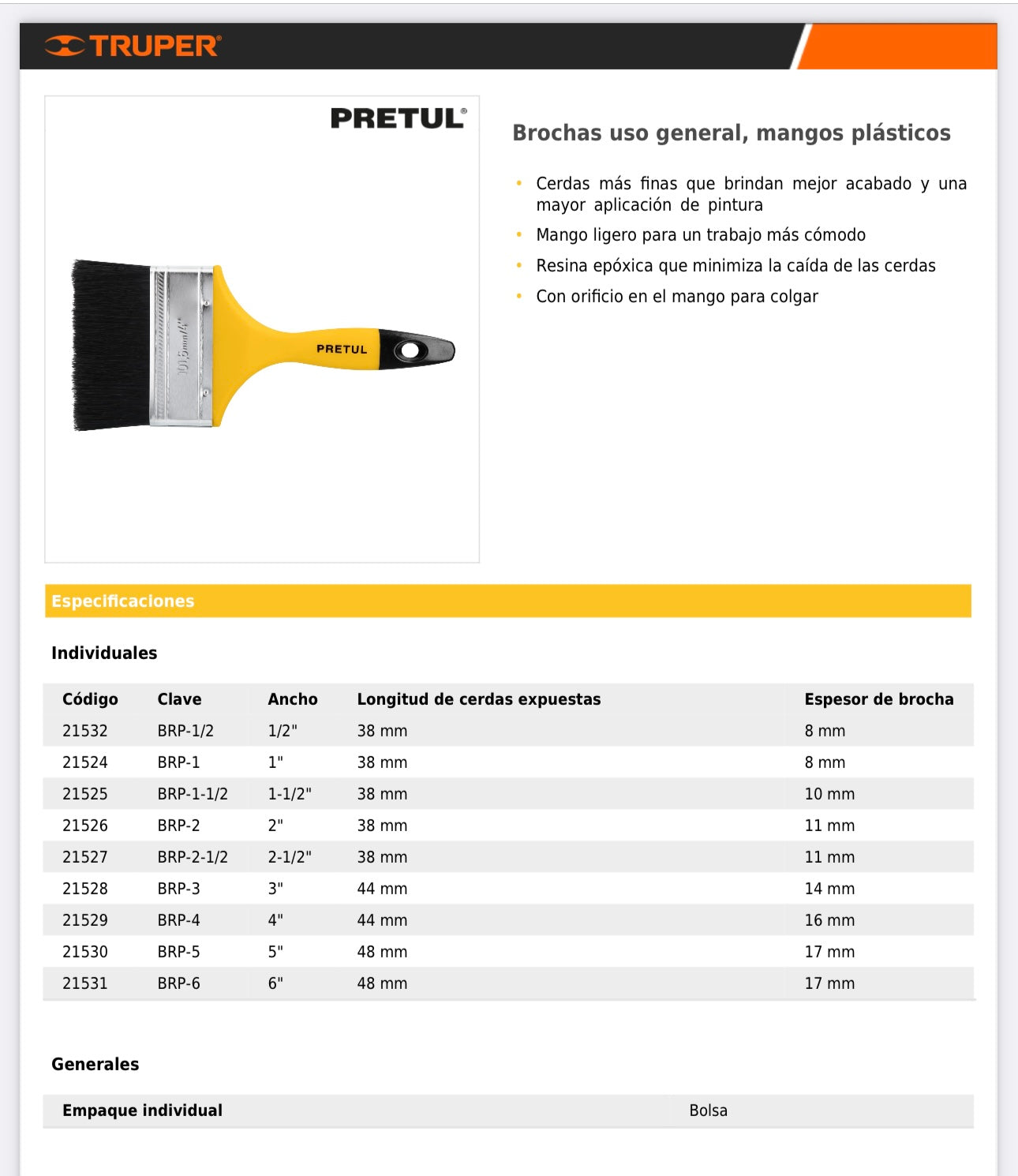 Brochas uso general, mango de plástico, Pretul de 1/2" hasta 6"