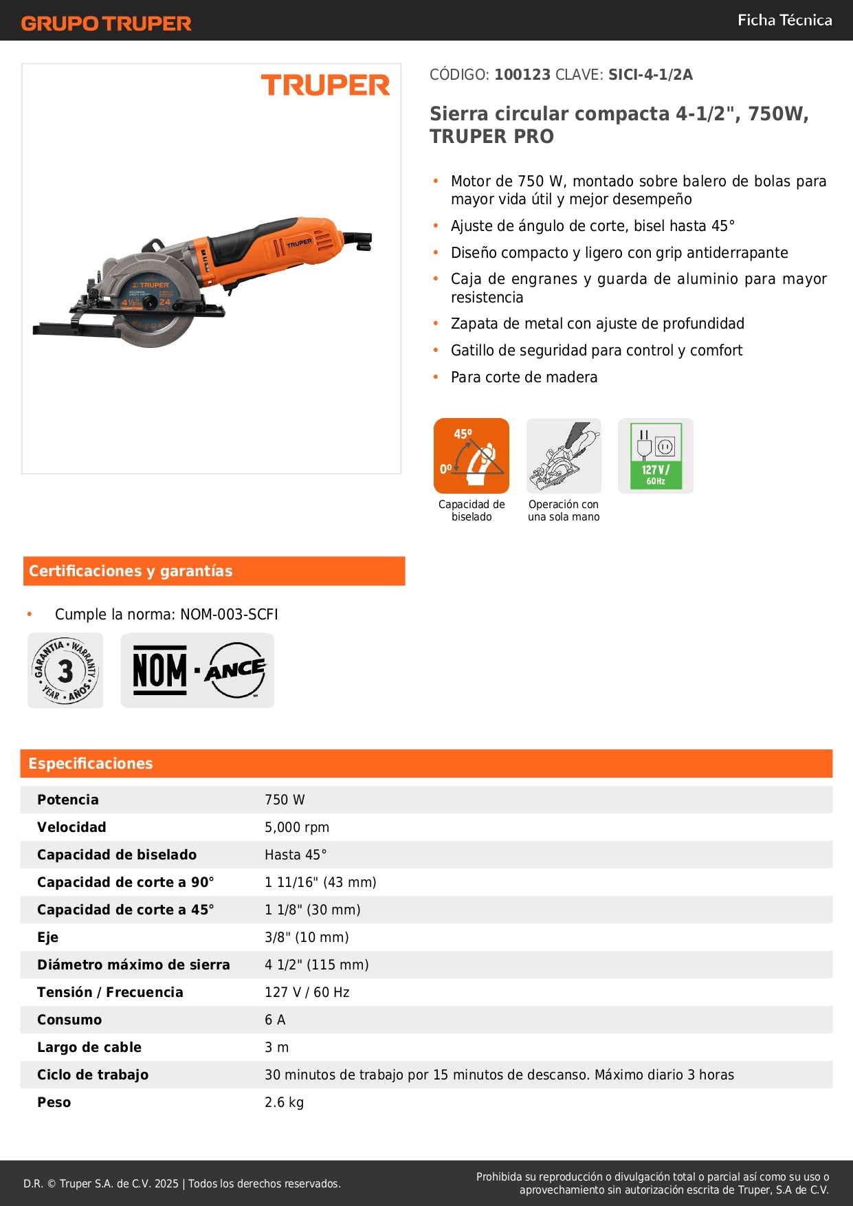 Sierra Circular Compacta TRUPER PRO 4-1/2" 750W - Corte Preciso Madera con Ajuste Bisel 45° - SICI-4-1/2A
