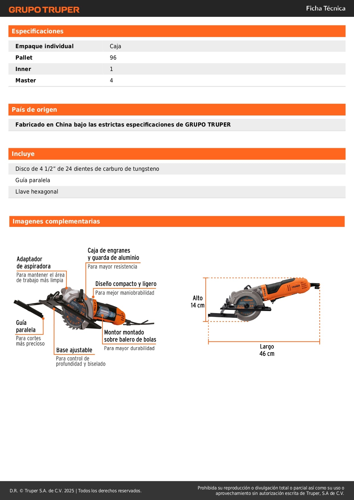 Sierra Circular Compacta TRUPER PRO 4-1/2" 750W - Corte Preciso Madera con Ajuste Bisel 45° - SICI-4-1/2A