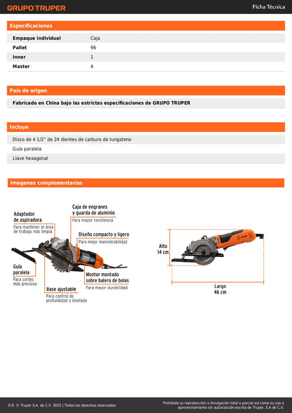 Sierra Circular Compacta TRUPER PRO 4-1/2" 750W - Corte Preciso Madera con Ajuste Bisel 45° - SICI-4-1/2A