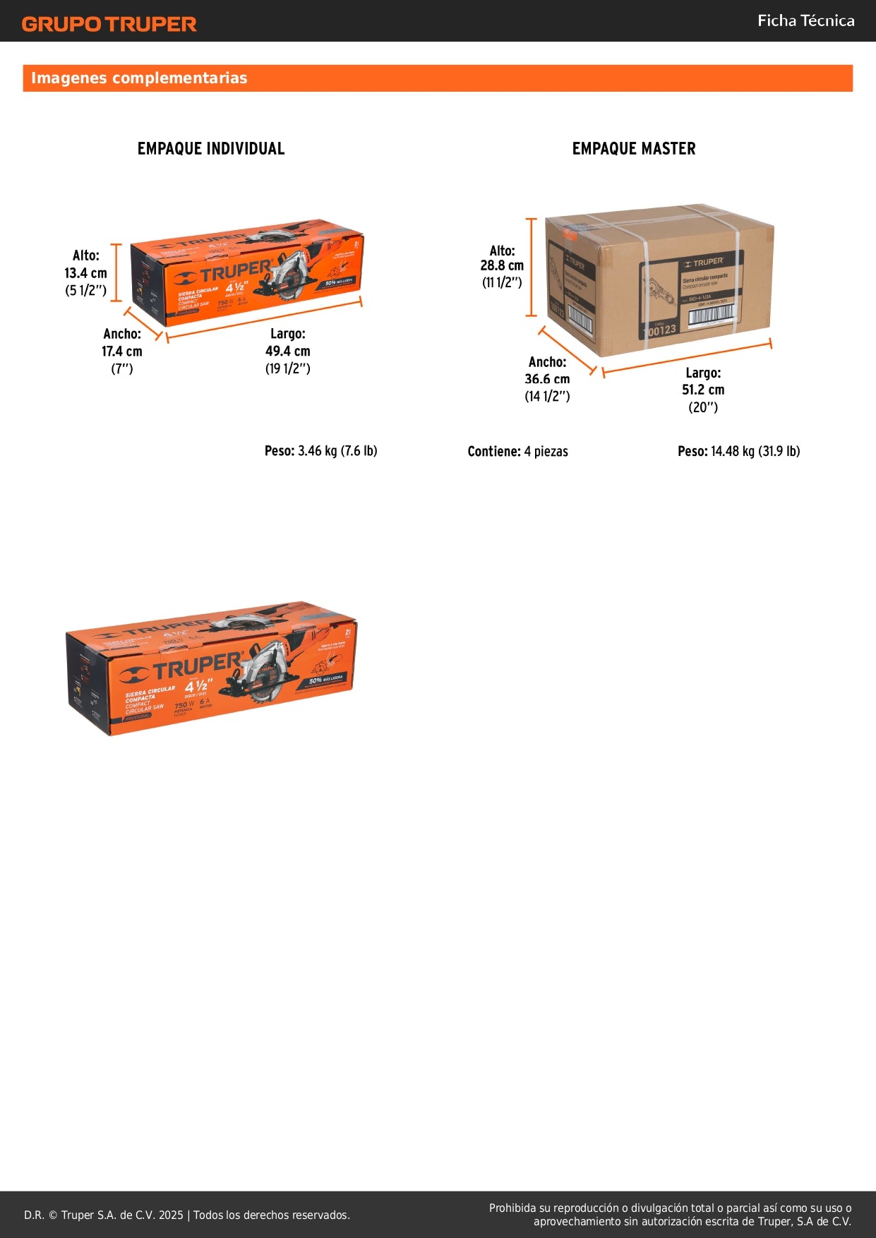 Sierra Circular Compacta TRUPER PRO 4-1/2" 750W - Corte Preciso Madera con Ajuste Bisel 45° - SICI-4-1/2A