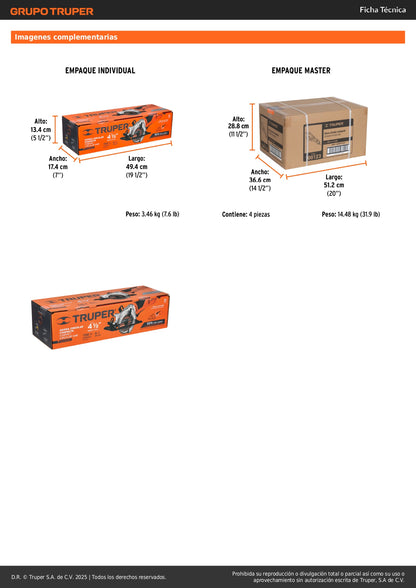 Sierra Circular Compacta TRUPER PRO 4-1/2" 750W - Corte Preciso Madera con Ajuste Bisel 45° - SICI-4-1/2A