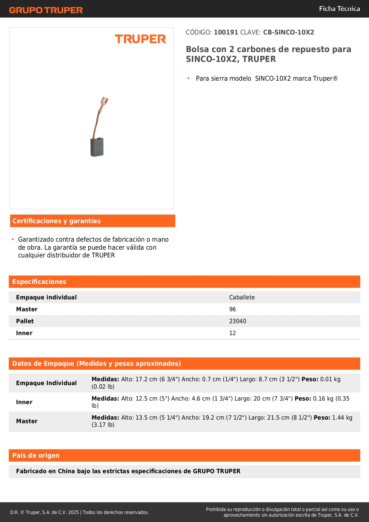 Bolsa con 2 carbones de repuesto para SINCO-10X2, TRUPER