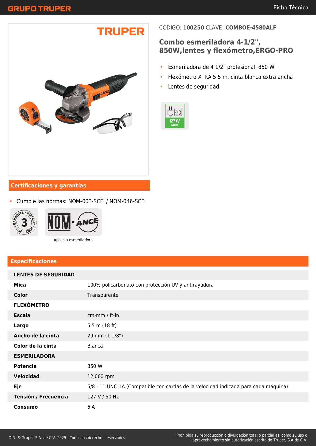 Combo Esmeriladora Profesional 4-1/2" 850W ERGO-PRO + Flexómetro 5.5m + Lentes Seguridad - Kit Completo Herramientas