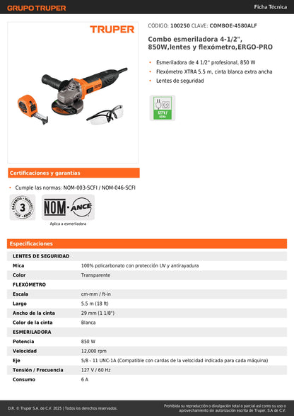 Combo Esmeriladora Profesional 4-1/2" 850W ERGO-PRO + Flexómetro 5.5m + Lentes Seguridad - Kit Completo Herramientas