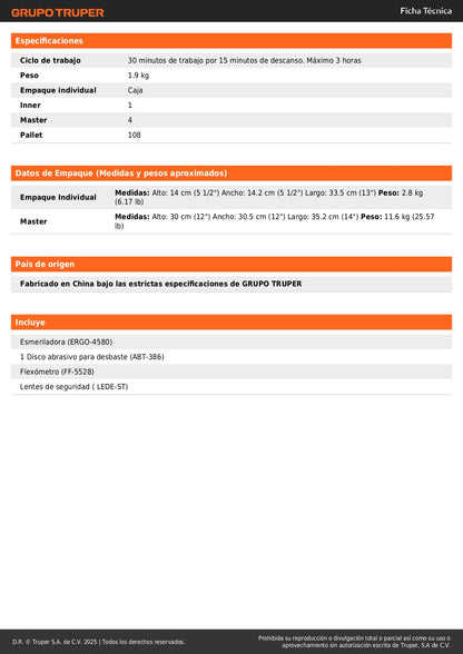 Combo Esmeriladora Profesional 4-1/2" 850W ERGO-PRO + Flexómetro 5.5m + Lentes Seguridad - Kit Completo Herramientas